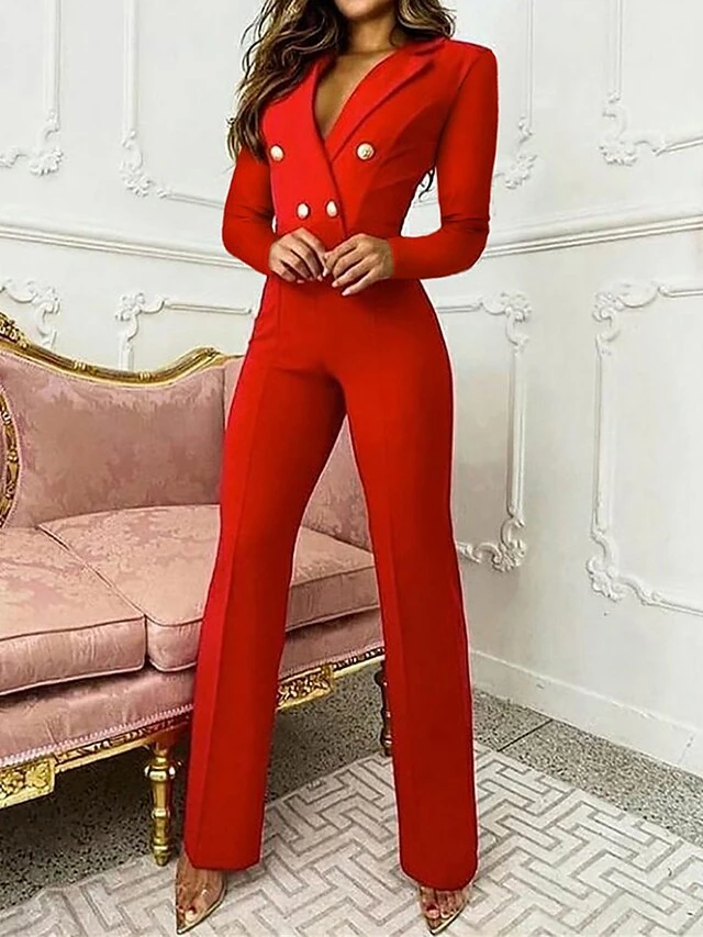 Women's Jumpsuit Button High Waist Solid Color Shirt Collar Elegant Office Xmas Christmas Regular Fit Long Sleeve Black Red Blue S M L Fall 3 Women's Jumpsuit Button High Waist Solid Color Shirt Collar Elegant Office Xmas Christmas Regular Fit Long Sleeve Black Red Blue S M L Fall