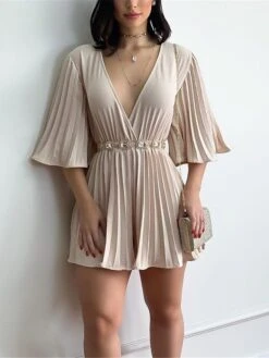 Women's Romper Pleated Solid Color V Neck Streetwear Street Xmas Daily Party Christmas Regular Fit 3/4 Length Sleeve Light Green Pink Fuchsia S M L Summer -Cheap Women Clothing Store mvngad1681203098478