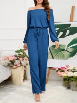 Women's Jumpsuit Pocket Drawstring Solid Color Off Shoulder Christmas Business Office Work Xmas Regular Fit Long Sleeve Black Red Blue S M L Fall -Cheap Women Clothing Store mvvceb1694415713230