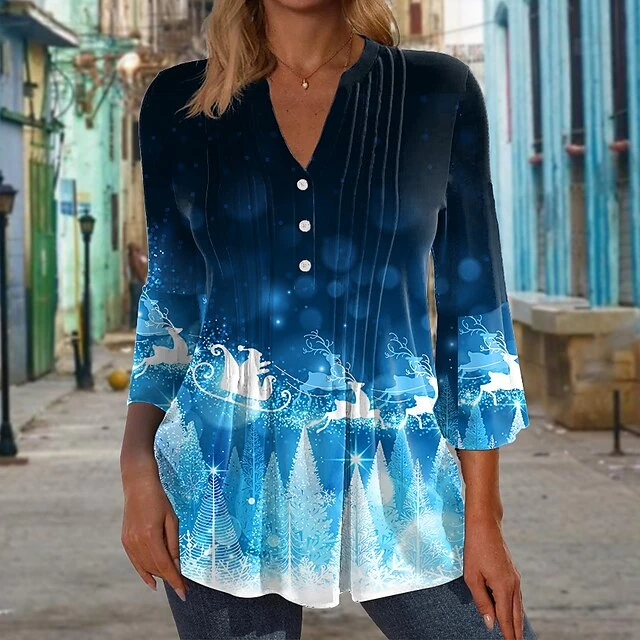 Women's Shirt Christmas Shirt Red Blue Green Christmas Tree Deer Button Flowing Tunic Print Long Sleeve Christmas Weekend Streetwear Casual V Neck Regular Fit 3 Women's Shirt Christmas Shirt Red Blue Green Christmas Tree Deer Button Flowing Tunic Print Long Sleeve Christmas Weekend Streetwear Casual V Neck Regular Fit