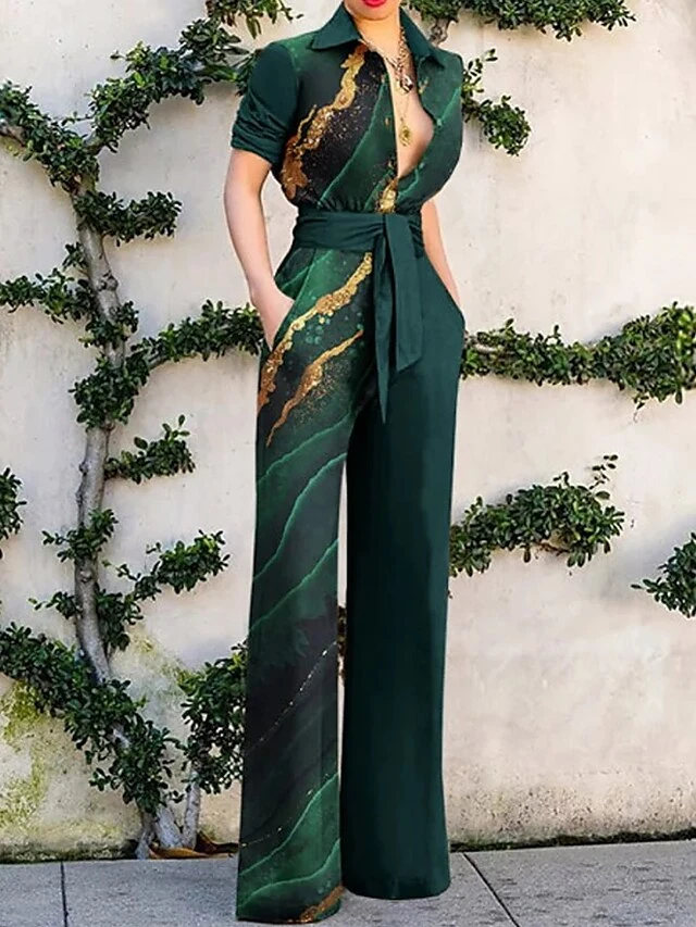 Women's Jumpsuit For Special Occasions Christmas Lace Up Print Shirt Collar Elegant Party Prom Straight Regular Fit Short Sleeve Green S M L Spring Fall 3 Women's Jumpsuit For Special Occasions Christmas Lace Up Print Shirt Collar Elegant Party Prom Straight Regular Fit Short Sleeve Green S M L Spring Fall