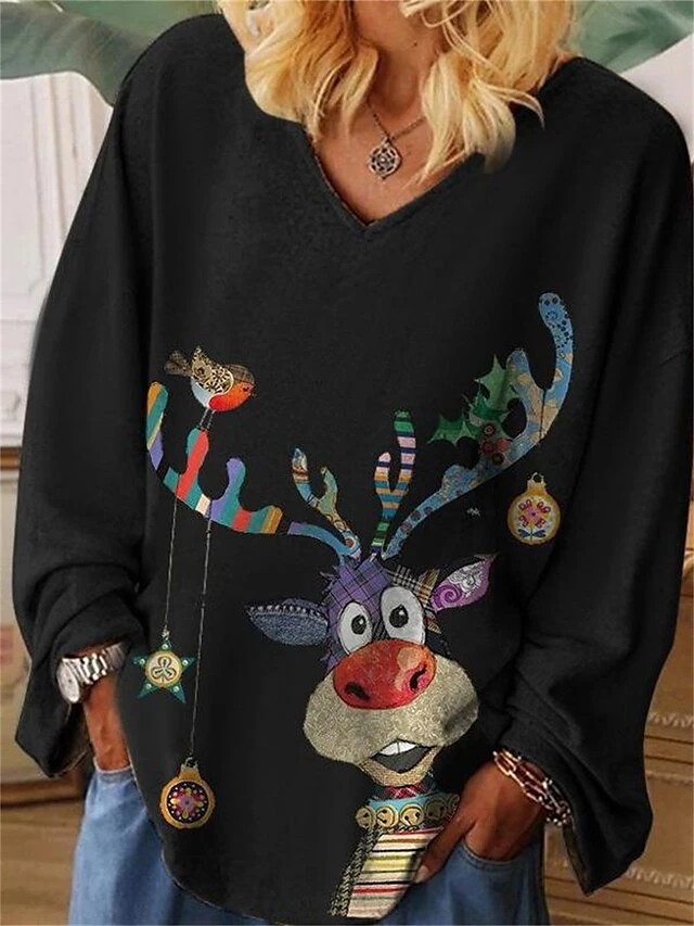 Women's T Shirt Tee Christmas Shirt Black Red Green Reindeer Print Long Sleeve Party Christmas Weekend Festival / Holiday Funny Christmas V Neck Regular Fit Painting Spring &Fall 4 Women's T Shirt Tee Christmas Shirt Black Red Green Reindeer Print Long Sleeve Party Christmas Weekend Festival / Holiday Funny Christmas V Neck Regular Fit Painting Spring &Fall - Image 2