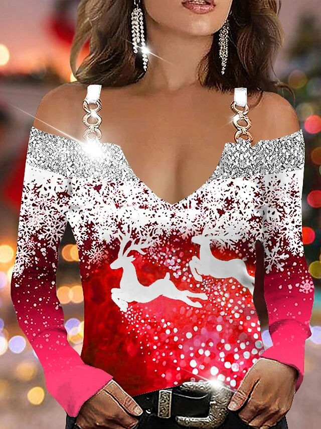 Women's Shirt Blouse Pink Red Blue Snowflake Deer Cut Out Print Long Sleeve Christmas Weekend Streetwear Casual V Neck Regular Fit Cold Shoulder Spring Fall 3 Women's Shirt Blouse Pink Red Blue Snowflake Deer Cut Out Print Long Sleeve Christmas Weekend Streetwear Casual V Neck Regular Fit Cold Shoulder Spring Fall