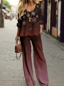 Women's Pants Sets Christmas Shirt Red Blue Green Graphic Print Long Sleeve Party Festival Christmas Round Neck Regular Fit Spring &Fall -Cheap Women Clothing Store mzjurs1697456346796