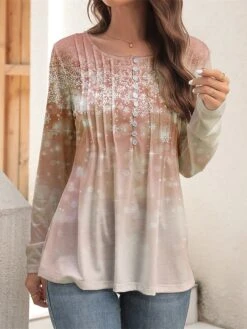 Women's Shirt Christmas Shirt Pink Blue Purple Snowflake Button Flowing Tunic Print Long Sleeve Casual Festival / Holiday Round Neck Regular Fit Spring &Fall -Cheap Women Clothing Store mzlgnh1697454157916