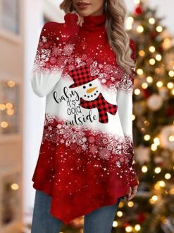 Women's Christmas Shirt Red Blue Purple Snowman Snowflake Asymmetrical Print Long Sleeve Party Christmas Weekend Festival / Holiday High Neck Regular Fit Painting Spring &Fall