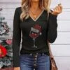 Women's T Shirt Tee Christmas Shirt Black Graphic Print Long Sleeve Christmas Weekend Basic Christmas V Neck Regular Fit Painting Fall & Winter -Cheap Women Clothing Store nbzmrk1667795845116