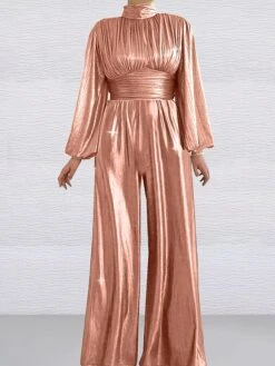 Women‘s Jumpsuit Sparkly Solid Color Stand Collar Elegant Christmas Wedding Party Xmas Wide Leg Regular Fit Long Sleeve Pink Gold S M L All Seasons -Cheap Women Clothing Store ncssun1694518384296