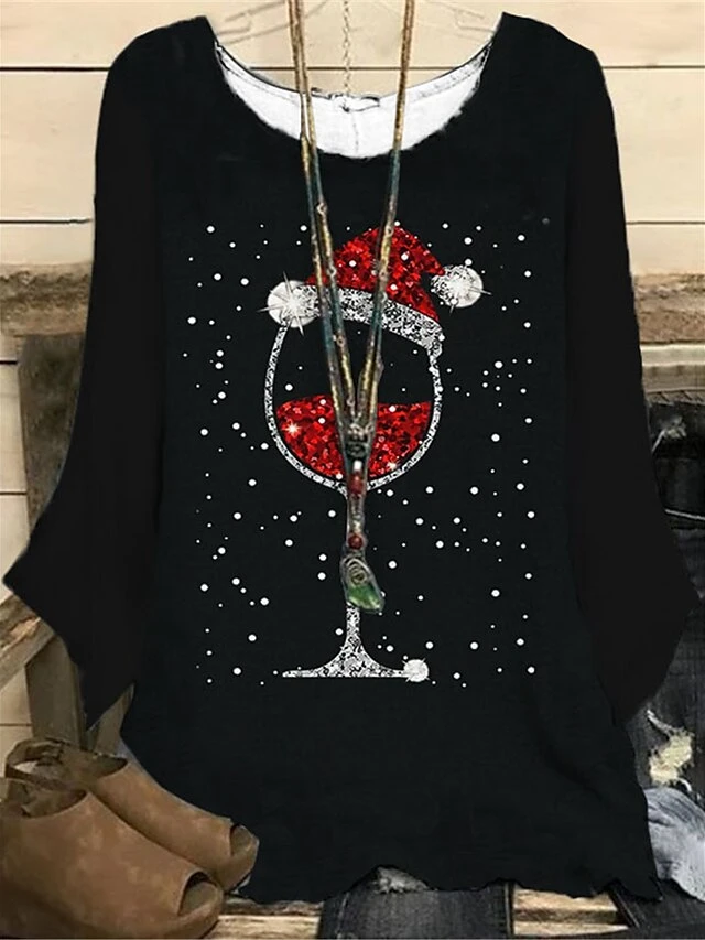 Women‘s Plus Size Christmas Tops Blouse Shirt Hat Print Long Sleeve Casual Festival Daily Polyester Winter Fall Black 3 Women‘s Plus Size Christmas Tops Blouse Shirt Hat Print Long Sleeve Casual Festival Daily Polyester Winter Fall Black