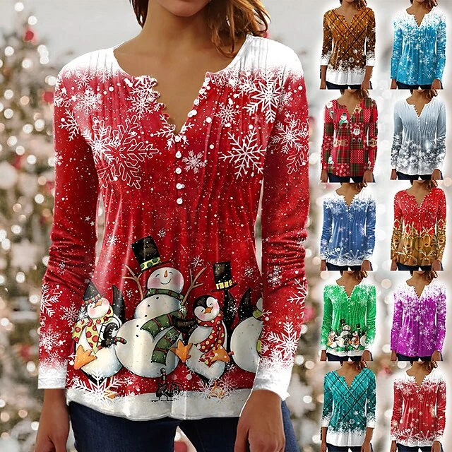 Women's Shirt Blouse Christmas Shirt Maroon Wine Red Black Plaid Snowman Deer Button Print Long Sleeve Christmas Casual Holiday Christmas Round Neck Regular Fit Spring Fall 3 Women's Shirt Blouse Christmas Shirt Maroon Wine Red Black Plaid Snowman Deer Button Print Long Sleeve Christmas Casual Holiday Christmas Round Neck Regular Fit Spring Fall