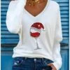 Women's T Shirt Tee Christmas Shirt White Green Wine Glass Rhinestone Print Long Sleeve Party Christmas Weekend Festival / Holiday Christmas V Neck Regular Fit Painting Spring &Fall