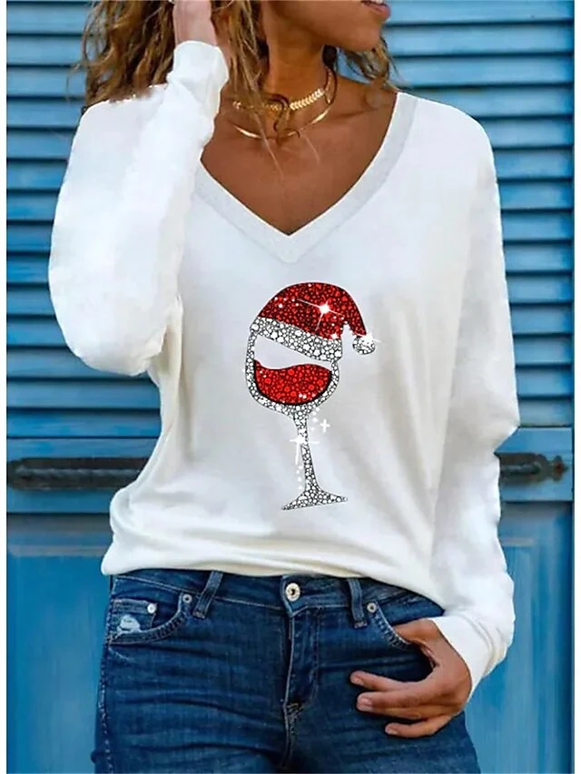 Women's T Shirt Tee Christmas Shirt White Green Wine Glass Rhinestone Print Long Sleeve Party Christmas Weekend Festival / Holiday Christmas V Neck Regular Fit Painting Spring &Fall 3 Women's T Shirt Tee Christmas Shirt White Green Wine Glass Rhinestone Print Long Sleeve Party Christmas Weekend Festival / Holiday Christmas V Neck Regular Fit Painting Spring &Fall