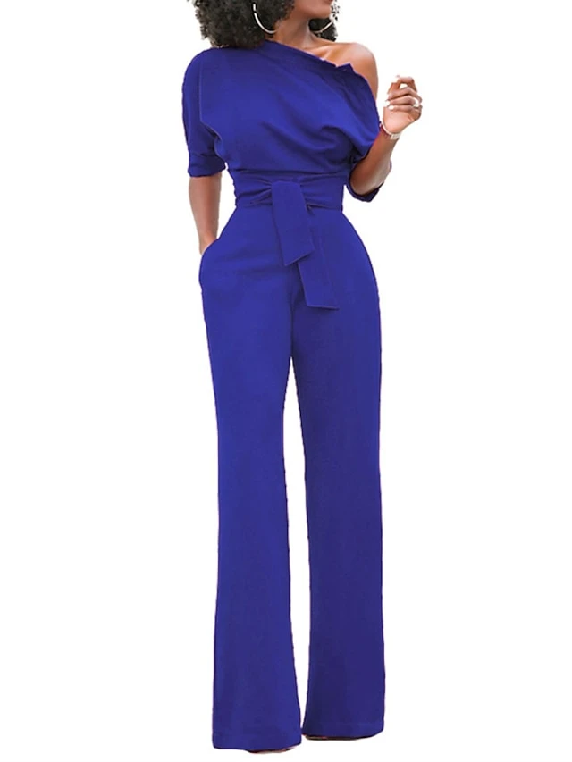 Jumpsuits For Women Dressy Pocket High Waist Solid Color One Shoulder Elegant Xmas Party Christmas Street Regular Fit Half Sleeve Black Blue Yellow S M L Fall Winter Summer 13 Jumpsuits For Women Dressy Pocket High Waist Solid Color One Shoulder Elegant Xmas Party Christmas Street Regular Fit Half Sleeve Black Blue Yellow S M L Fall Winter Summer - Image 11