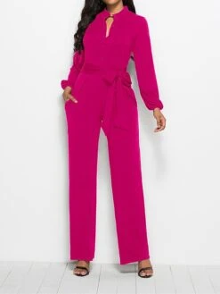 Women's Jumpsuit Lace Up Pocket Solid Color Stand Collar Streetwear Xmas Street Christmas Daily Regular Fit Long Sleeve Black Wine Red S M L Fall -Cheap Women Clothing Store ngzhhl1692616049726