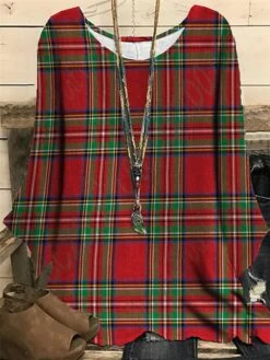 Women‘s Plus Size Christmas Tops Blouse Shirt Plaid Tree Print Long Sleeve Crewneck Casual Daily Polyester Winter Fall Green Wine