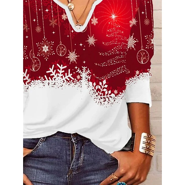 Women's Shirt Christmas Shirt Red Graphic Snowflake Print Long Sleeve Christmas Weekend Streetwear Casual Print V Neck Regular Fit 4 Women's Shirt Christmas Shirt Red Graphic Snowflake Print Long Sleeve Christmas Weekend Streetwear Casual Print V Neck Regular Fit - Image 2