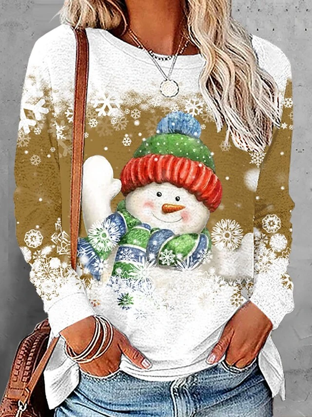 Women's T Shirt Tee Christmas Shirt Black Pink Red Snowman Snowflake Print Long Sleeve Christmas Weekend Basic Christmas Round Neck Regular Fit Painting Fall & Winter 7 Women's T Shirt Tee Christmas Shirt Black Pink Red Snowman Snowflake Print Long Sleeve Christmas Weekend Basic Christmas Round Neck Regular Fit Painting Fall & Winter - Image 5