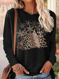 Women's T Shirt Tee Christmas Shirt Black Pink Green Leopard Christmas Tree Snowflake Print Long Sleeve Party Christmas Weekend Festival / Holiday Round Neck Regular Fit Painting Spring &Fall -Cheap Women Clothing Store nmigub1696930998640