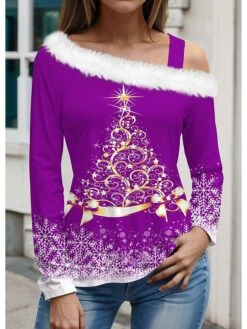 Women's T Shirt Tee Christmas Shirt Black Yellow Red Christmas Tree Snowflake Print Long Sleeve Christmas Weekend Festival / Holiday Diagonal Neck Regular Fit Painting Spring &Fall -Cheap Women Clothing Store nohpgj1695801838064