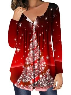 Women's Shirt Christmas Shirt Black Yellow Red Christmas Tree Button Flowing Tunic Print Long Sleeve Christmas Weekend Streetwear Print Christmas Round Neck Regular Fit