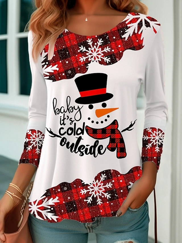 Women's T Shirt Tee Christmas Shirt Yellow Red Blue Snowman Print Long Sleeve Party Christmas Weekend Festival / Holiday Christmas Round Neck Regular Fit Painting Spring &Fall 3 Women's T Shirt Tee Christmas Shirt Yellow Red Blue Snowman Print Long Sleeve Party Christmas Weekend Festival / Holiday Christmas Round Neck Regular Fit Painting Spring &Fall