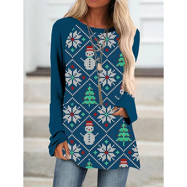 Women's Shirt Christmas Shirt Light Green Royal Blue Blue Christmas Tree Snowflake Ugly Christmas Print Long Sleeve Christmas Weekend Streetwear Casual Christmas Round Neck Regular Fit 5 Women's Shirt Christmas Shirt Light Green Royal Blue Blue Christmas Tree Snowflake Ugly Christmas Print Long Sleeve Christmas Weekend Streetwear Casual Christmas Round Neck Regular Fit - Image 3