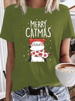 Women's T Shirt Tee Christmas Shirt 100% Cotton Black Light Green Wine Graphic Cat Letter Print Short Sleeve Christmas Daily Holiday Basic Christmas Round Neck Regular Fit Cat -Cheap Women Clothing Store nsdkhi1666754528615