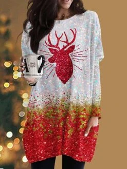 Women's T Shirt Tee Tunic Christmas Shirt Black White Red Reindeer Print Long Sleeve Christmas Holiday Christmas Round Neck