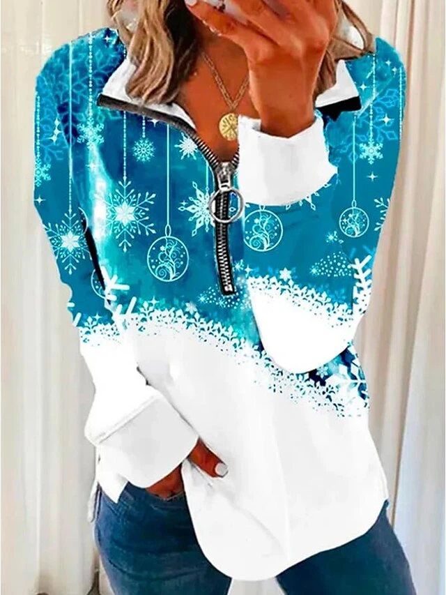 Women's Shirt Christmas Shirt Black Light Green Wine Snowflake Quarter Zip Print Long Sleeve Christmas Weekend Streetwear Christmas V Neck Regular Fit 5 Women's Shirt Christmas Shirt Black Light Green Wine Snowflake Quarter Zip Print Long Sleeve Christmas Weekend Streetwear Christmas V Neck Regular Fit - Image 3