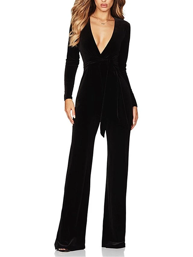 Women's Jumpsuit Velvet Lace Up High Waist Solid Color Deep V Dressy Xmas Wedding Party Christmas Business Office Work Regular Fit Long Sleeve Black Wine Red S M L Fall 11 Women's Jumpsuit Velvet Lace Up High Waist Solid Color Deep V Dressy Xmas Wedding Party Christmas Business Office Work Regular Fit Long Sleeve Black Wine Red S M L Fall - Image 9