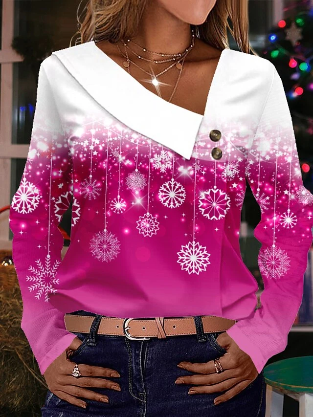 Women's Shirt Blouse Christmas Shirt Yellow Pink Red Snowflake Button Print Long Sleeve Christmas Casual Festival / Holiday Print V Neck Regular Fit Spring &Fall 7 Women's Shirt Blouse Christmas Shirt Yellow Pink Red Snowflake Button Print Long Sleeve Christmas Casual Festival / Holiday Print V Neck Regular Fit Spring &Fall - Image 5