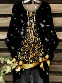 Women‘s Plus Size Christmas Tops T Shirt Tee Deer Tree Print Half Sleeve Crew Neck Casual Festival Daily Cotton Spandex Jersey Winter Fall Black Gold -Cheap Women Clothing Store nwuyoh1668755937956