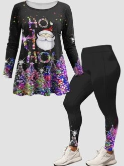 Women's Pants Sets Christmas Shirt Black Blue Purple Graphic Sparkly Print Long Sleeve Casual Festival Christmas Round Neck Regular Fit Spring &Fall