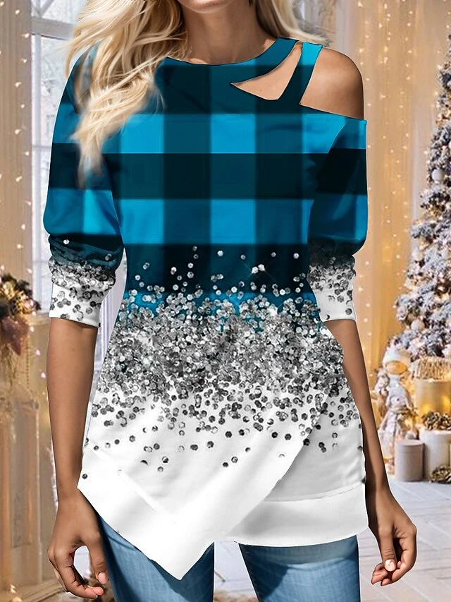 Women's Blouse Christmas Shirt Red Blue Purple Plaid Cut Out Asymmetric Print Long Sleeve Christmas Casual Festival / Holiday Round Neck Regular Fit Spring &Fall 4 Women's Blouse Christmas Shirt Red Blue Purple Plaid Cut Out Asymmetric Print Long Sleeve Christmas Casual Festival / Holiday Round Neck Regular Fit Spring &Fall - Image 2