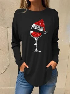 Women's T Shirt Tee Christmas Shirt Black Pink Red Wine Glass Rhinestone Print Long Sleeve Party Christmas Weekend Festival / Holiday Christmas Round Neck Regular Fit Painting Spring &Fall