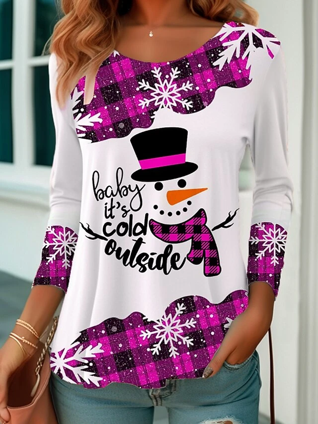 Women's T Shirt Tee Christmas Shirt Yellow Red Blue Snowman Print Long Sleeve Party Christmas Weekend Festival / Holiday Christmas Round Neck Regular Fit Painting Spring &Fall 6 Women's T Shirt Tee Christmas Shirt Yellow Red Blue Snowman Print Long Sleeve Party Christmas Weekend Festival / Holiday Christmas Round Neck Regular Fit Painting Spring &Fall - Image 4