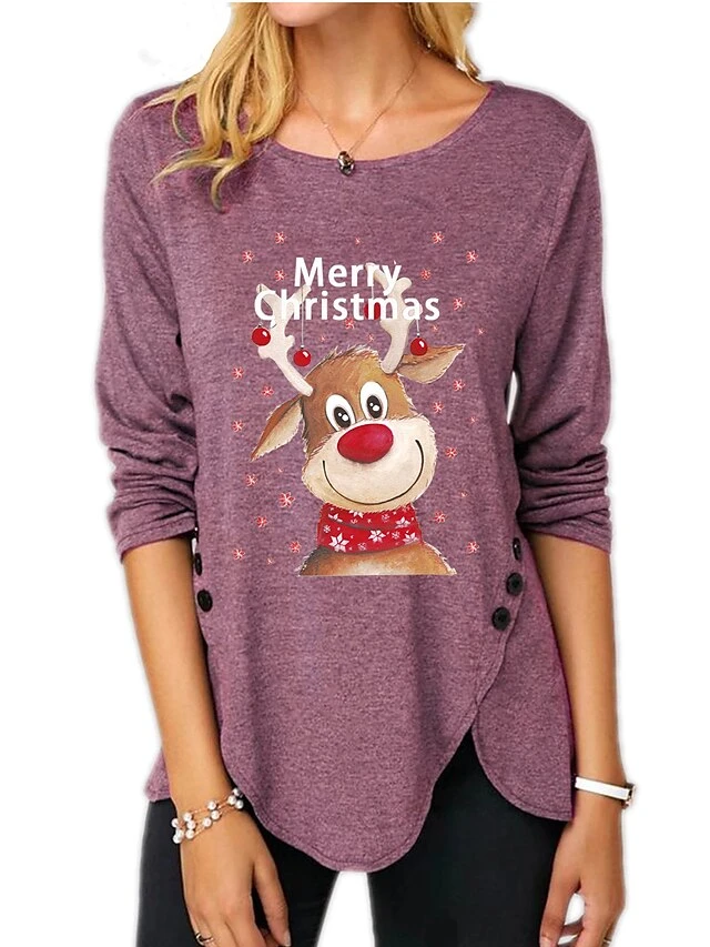 Women's T Shirt Tee Text Reindeer Christmas Tree Gift Weekend Abstract Painting T Shirt Tee Long Sleeve Button Print Round Neck Basic Essential Green Black Blue S 6 Women's T Shirt Tee Text Reindeer Christmas Tree Gift Weekend Abstract Painting T Shirt Tee Long Sleeve Button Print Round Neck Basic Essential Green Black Blue S - Image 4