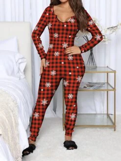Women's Jumpsuit Print Plaid V Neck Active Home Christmas Regular Fit Long Sleeve BKAO011 BKAO008 BKAO009 S M L Fall -Cheap Women Clothing Store oabojf1697457147607