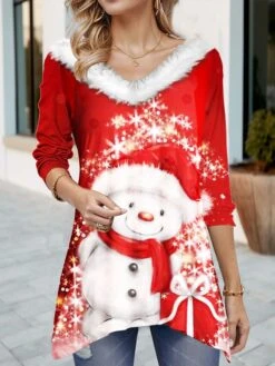 Women's T Shirt Tee Christmas Shirt Black Yellow Pink Snowman Print Long Sleeve Party Christmas Weekend Festival / Holiday Fur Collar Regular Fit Spring &Fall