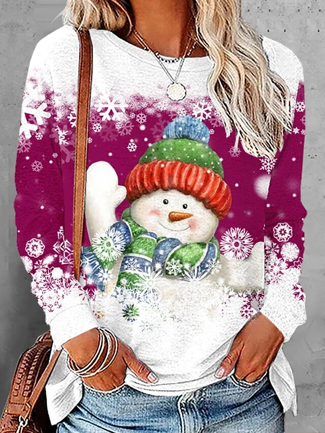 Women's T Shirt Tee Christmas Shirt Black Pink Red Snowman Snowflake Print Long Sleeve Christmas Weekend Basic Christmas Round Neck Regular Fit Painting Fall & Winter 9 Women's T Shirt Tee Christmas Shirt Black Pink Red Snowman Snowflake Print Long Sleeve Christmas Weekend Basic Christmas Round Neck Regular Fit Painting Fall & Winter - Image 7