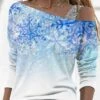 Women's T Shirt Tee Christmas Shirt Blue Snowflake Print Long Sleeve Christmas Weekend Basic Print Christmas Off Shoulder Regular Fit Painting -Cheap Women Clothing Store ocyatk1664785643064