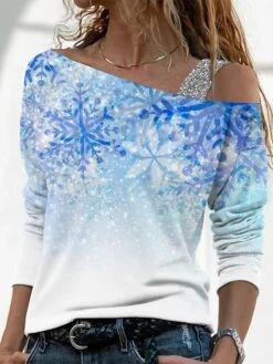 Women's T Shirt Tee Christmas Shirt Blue Snowflake Print Long Sleeve Christmas Weekend Basic Print Christmas Off Shoulder Regular Fit Painting
