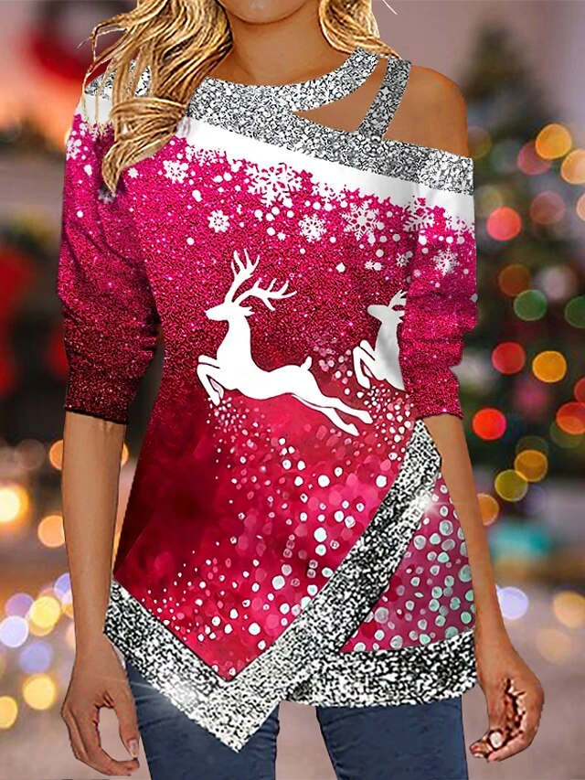 Women's Shirt Silver Black White Christmas Tree Snowflake Reindeer Cut Out Asymmetric Print Long Sleeve Christmas Weekend Streetwear Casual Round Neck Regular Fit Spring Fall 8 Women's Shirt Silver Black White Christmas Tree Snowflake Reindeer Cut Out Asymmetric Print Long Sleeve Christmas Weekend Streetwear Casual Round Neck Regular Fit Spring Fall - Image 6
