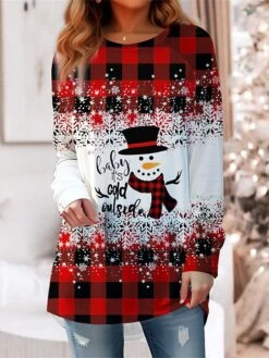 Women's T Shirt Tee Christmas Shirt Yellow Red Blue Plaid Snowman Snowflake Print Long Sleeve Christmas Weekend Festival / Holiday Round Neck Regular Fit Painting Spring &Fall