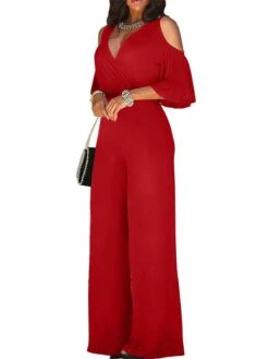 Women's Jumpsuit High Waist Cut Out Solid Color V Neck Streetwear Christmas Daily Xmas Regular Fit 3/4 Length Sleeve Black White Yellow S M L Fall