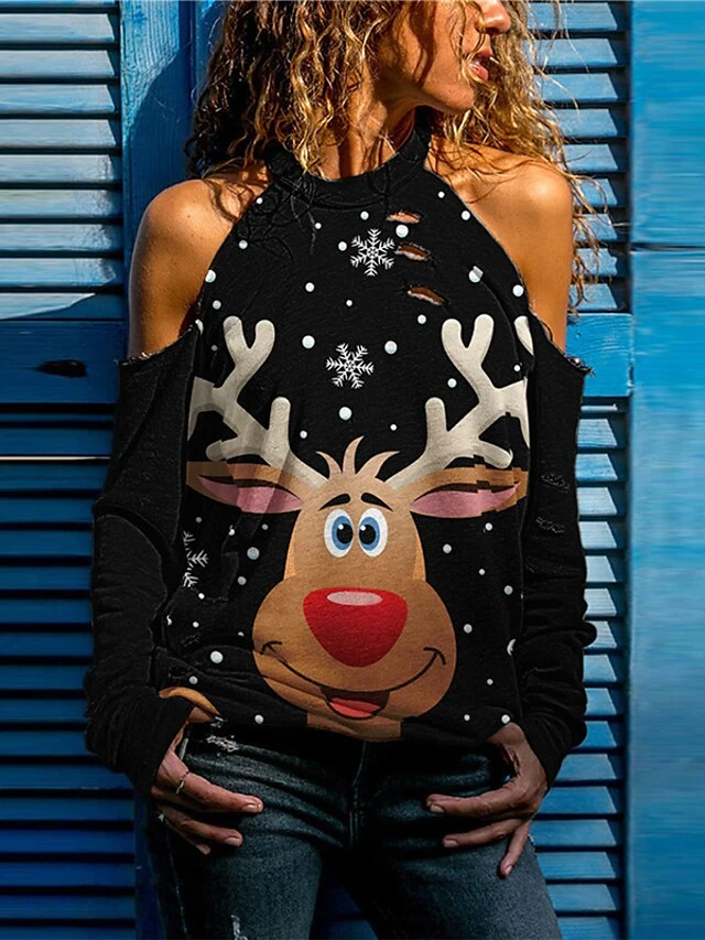 Women's T Shirt Tee Christmas Shirt Black Wine Peach Santa Claus Snowman Snowflake Patchwork Cut Out Cold Shoulder Long Sleeve Christmas Gift Christmas Round Neck Loose Fit Floral Cold Shoulder 3 Women's T Shirt Tee Christmas Shirt Black Wine Peach Santa Claus Snowman Snowflake Patchwork Cut Out Cold Shoulder Long Sleeve Christmas Gift Christmas Round Neck Loose Fit Floral Cold Shoulder