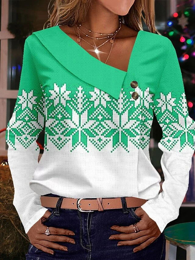 Women's Shirt Blouse Christmas Shirt Yellow Pink Red Snowflake Button Print Long Sleeve Christmas Casual Festival / Holiday V Neck Regular Fit Spring &Fall 5 Women's Shirt Blouse Christmas Shirt Yellow Pink Red Snowflake Button Print Long Sleeve Christmas Casual Festival / Holiday V Neck Regular Fit Spring &Fall - Image 3