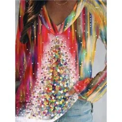 Women's T Shirt Tee Christmas Shirt Black Pink Wine Christmas Tree Print Long Sleeve Christmas Weekend Basic Print Christmas V Neck Regular Fit Painting Fall & Winter -Cheap Women Clothing Store ofqszg1664676684973