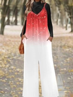 Women's Jumpsuit Pocket Print Santa Claus U Neck Casual Christmas Daily Xmas Straight Regular Fit Spaghetti Strap White Wine Red S M L All Seasons -Cheap Women Clothing Store ogflra1695281562513