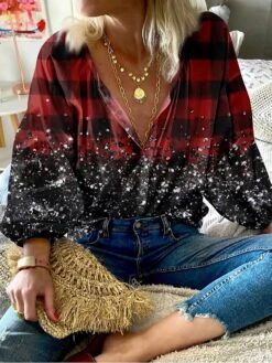 Women's Blouse Christmas Shirt Red Blue Purple Plaid Button Print Long Sleeve Christmas Casual Festival / Holiday Standing Collar Regular Fit Spring &Fall